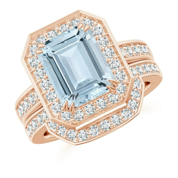 ANGARA Natural Emerald Cut 3 ct Aquamarine Bridal Ring Set with Diamond Ring in 14K Rose Gold for Women (Size-10x8mm) | March Birthstone, Anniversary, Jewelry Gift for Women | Natural Aquamarine Ring