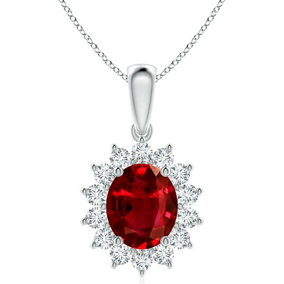 Angara Natural 6 ct Ruby Pendant Necklace for Women in 14K White Gold – July Birthstone Jewelry | Oval Ruby Pendant with Floral Diamond Halo