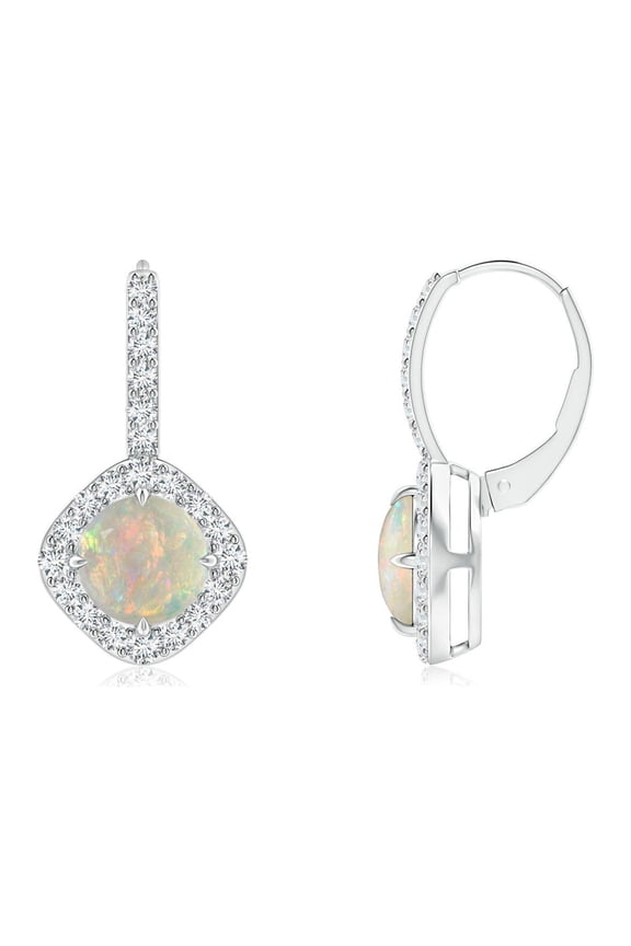 Natural Claw-Set Cabochon 1 ct Opal and Diamond Leverback Halo Earrings in 14K White Gold for Women (Size-6mm) | October Birthstone, Anniversary, Jewelry Gift for Women | Natural Opal Earrings
