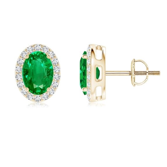 ANGARA Natural Oval 1.32 ct Emerald Studs with Diamond Halo in 14K Yellow Gold for Women (Size-7x5mm) | May Birthstone, Birthday, Anniversary, Jewelry Gift for Women | Natural Emerald Earrings