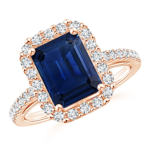 Angara Natural Blue Sapphire Halo Ring - Emerald-Cut 2.45 ct Blue Sapphire Ring in 14K Rose Gold for Women (Size-9x7mm) | September Birthstone Jewelry