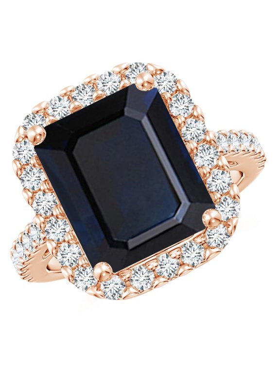Natural Blue Sapphire Halo Ring - Emerald-Cut 5.5 ct Blue Sapphire Ring in 14K Rose Gold for Women (Size-12x10mm) | September Birthstone Jewelry