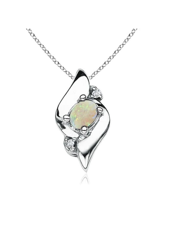 Natural Opal Necklace - Shell Style Oval Opal and Diamond Pendant Necklace in 925 Sterling Silver for Women (Size-4x3mm) - October Birthstone Jewelry | 925 Sterling Silver Necklace