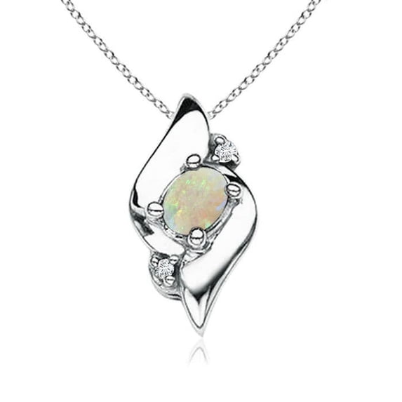 Angara Natural Opal Necklace - Shell Style Oval Opal and Diamond Pendant Necklace in 925 Sterling Silver for Women (Size-4x3mm) - October Birthstone Jewelry | 925 Sterling Silver Necklace