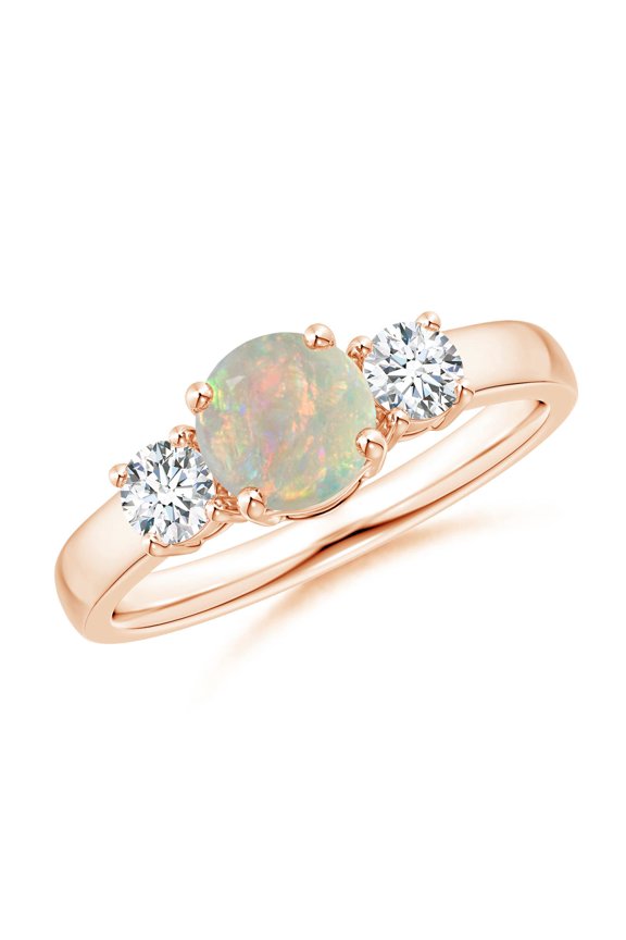 Natural Opal Ring - Classic Round Opal and Diamond Three Stone Engagement Ring for Women (Size-6mm) | October Birthstone Jewelry | 14K Rose Gold Opal Ring (Ring Size = 10)