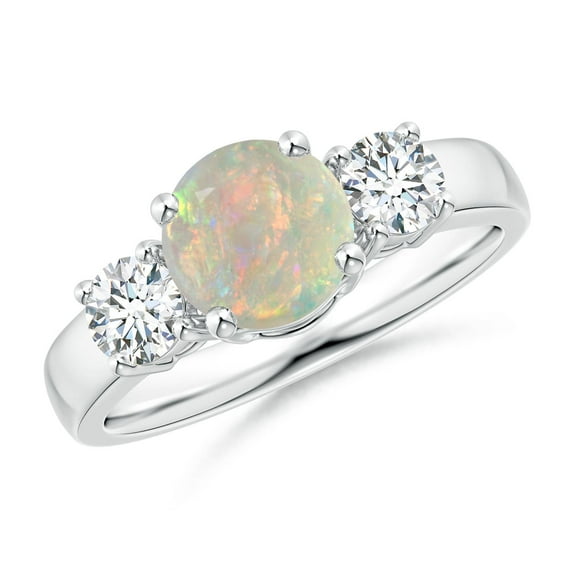 Angara Natural Opal Ring - Classic Round Opal and Diamond Three Stone Engagement Ring for Women (Size-7mm) | October Birthstone Jewelry | 14K White Gold Opal Ring (Ring Size = 10.5)