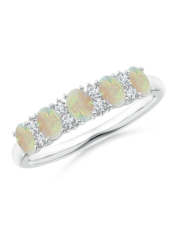 Natural Opal Ring - Five Stone Opal and Diamond Wedding Ring for Women (Size-4x3mm) | October Birthstone Jewelry | 14K White Gold Opal Ring (Ring Size = 12)