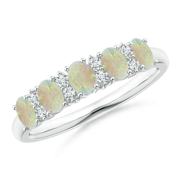 Angara Natural Opal Ring - Five Stone Opal and Diamond Wedding Ring for Women (Size-4x3mm) | October Birthstone Jewelry | 14K White Gold Opal Ring (Ring Size = 8)