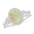 thumbnail image 1 of Angara Natural Opal Ring - Oval 1.1 ct Opal Twisted Vine Ring with Diamond Halo in 14K White & Yellow Gold for Women | October Birthstone Jewelry (Ring Size = 8.5), 1 of 10