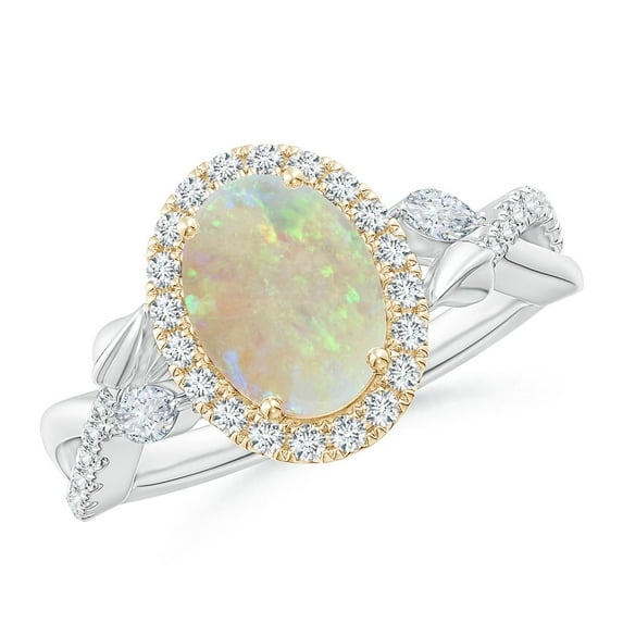Angara Natural Opal Ring - Oval 1.1 ct Opal Twisted Vine Ring with Diamond Halo in 14K White & Yellow Gold for Women | October Birthstone Jewelry (Ring Size = 8.5)