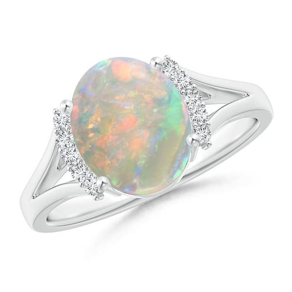 Angara Natural Opal Ring - Oval 1.45 ct Opal Split Shank Ring with Diamond Collar for Women | October Birthstone Jewelry | 14K White Gold Opal Ring (Ring Size = 5.5)