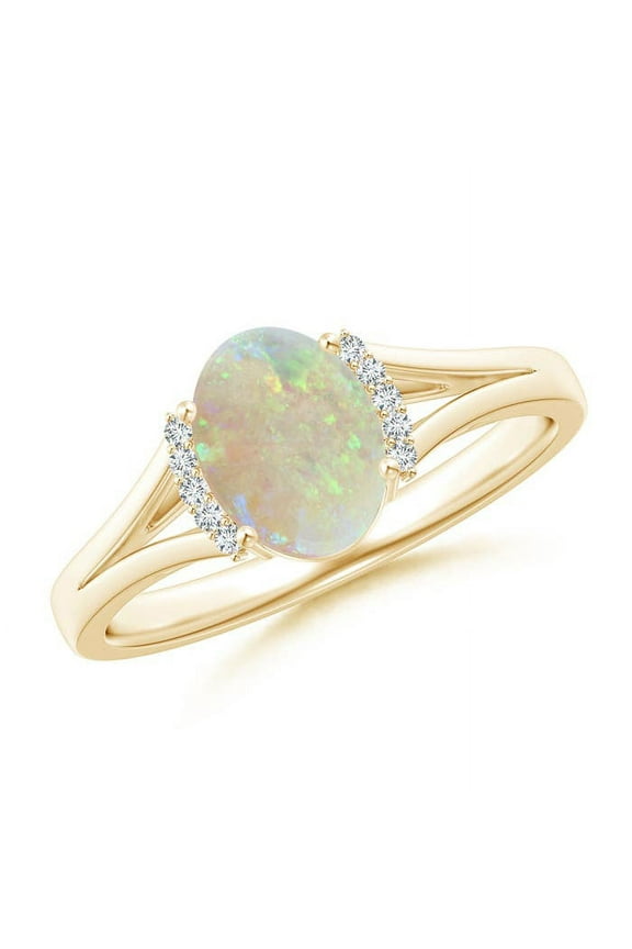 Natural Opal Ring - Oval Opal RingOval Opal Split Shank Ring for Women | October Birthstone Jewelry | 14K Yellow Gold Opal Ring (Ring Size = 5)