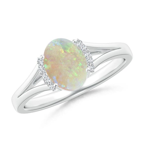 Angara Natural Opal Ring - Oval Opal Split Shank Ring with Diamond Collar in Platinum for Women | October Birthstone Jewelry (Ring Size = 5)