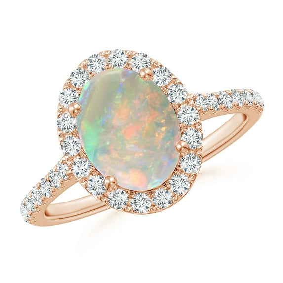 Angara Natural Opal Ring - Prong-Set Oval 1.1 ct Opal Halo Ring with Diamonds for Women | October Birthstone Jewelry | 14K Rose Gold Opal Ring (Ring Size = 12.5)