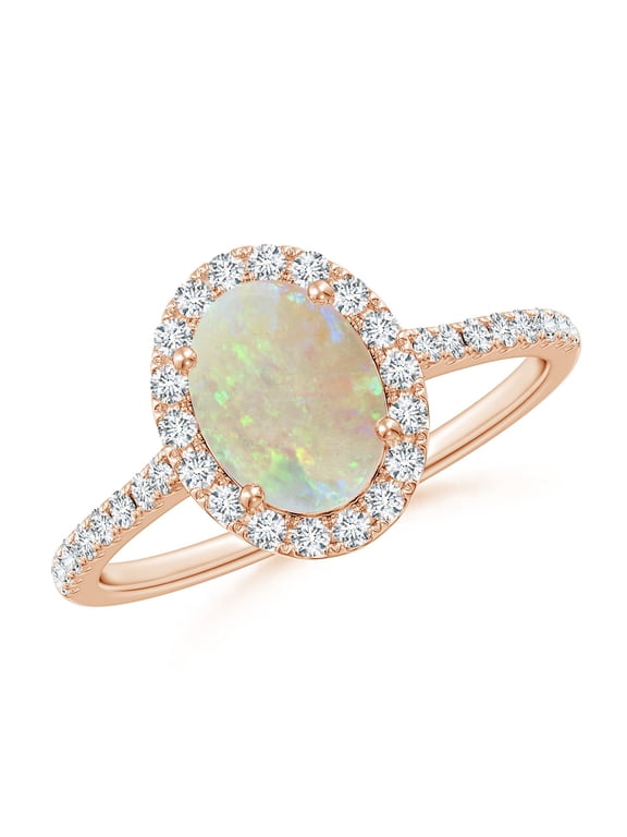 Natural Opal Ring - Prong-Set Oval Opal Halo Ring with Diamonds for Women | October Birthstone Jewelry | 14K Rose Gold Opal Ring (Ring Size = 12)