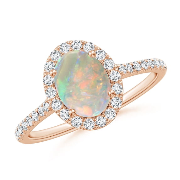 Angara Natural Opal Ring - Prong-Set Oval Opal Halo Ring with Diamonds for Women | October Birthstone Jewelry | 14K Rose Gold Opal Ring (Ring Size = 8.5)