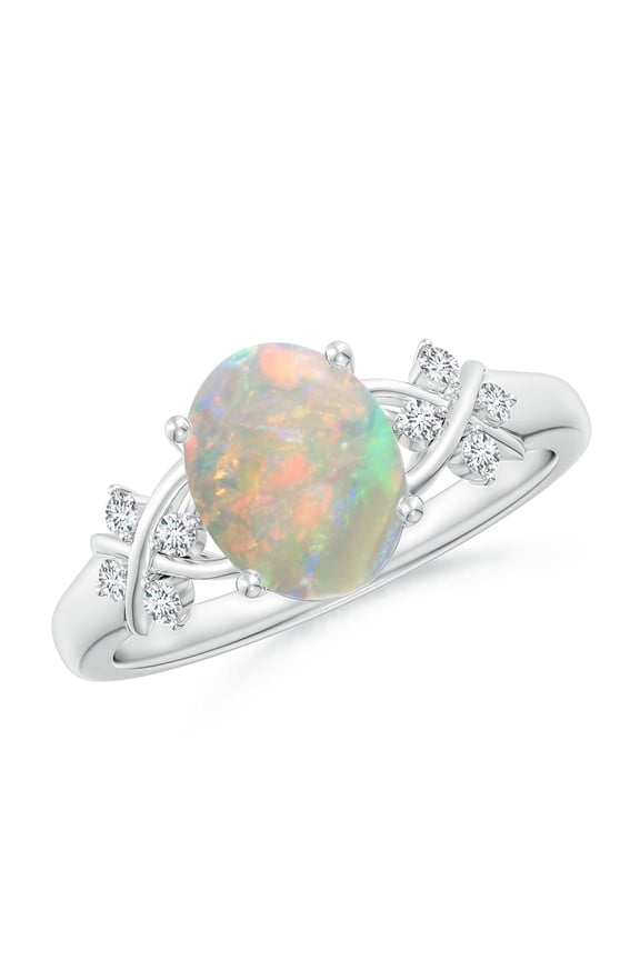 Natural Opal Ring - Solitaire Oval 1.1 ct Opal Criss Cross Ring with Diamonds in Platinum for Women | October Birthstone Jewelry (Ring Size = 9)