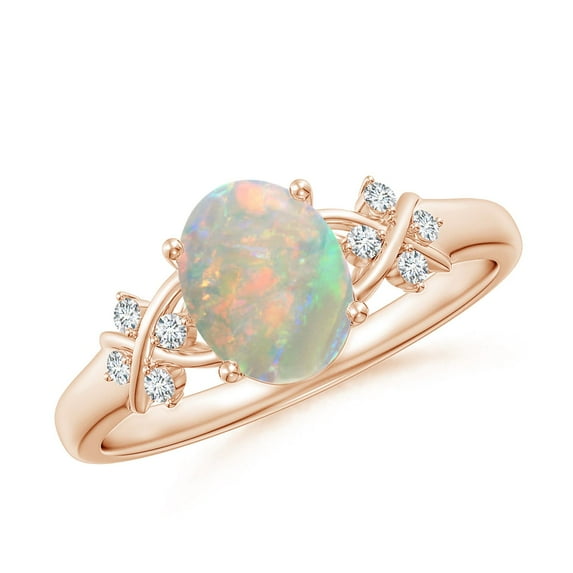 Angara Natural Opal Ring - Solitaire Oval Opal Criss Cross Ring with Diamonds for Women | October Birthstone Jewelry | 14K Rose Gold Opal Ring (Ring Size = 9.5)