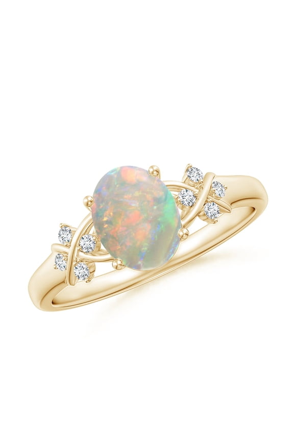 Natural Opal Ring - Solitaire Oval Opal Criss Cross Ring with Diamonds for Women | October Birthstone Jewelry | 14K Yellow Gold Opal Ring (Ring Size = 3)