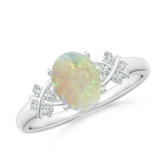 Angara Natural Opal Ring - Solitaire Oval Opal Criss Cross Ring with Diamonds in Platinum for Women | October Birthstone Jewelry (Ring Size = 6.5)