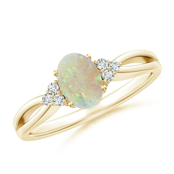 Angara Natural Opal Ring - Solitaire Oval Opal Split Shank Ring with Trio Diamonds for Women | October Birthstone Jewelry | 14K Yellow Gold Opal Ring (Ring Size = 13.5)