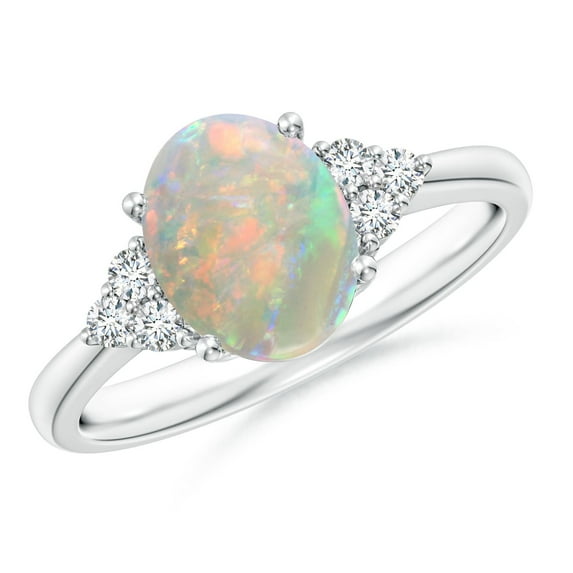 Angara Natural Opal Ring - Tapered Shank Oval 1.1 ct Opal Ring with Trio Diamond Accent in Platinum for Women | October Birthstone Jewelry (Ring Size = 3.5)