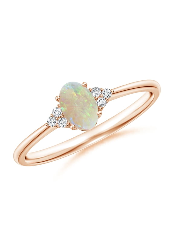 Natural Opal Ring - Tapered Shank Oval Opal Ring with Trio Diamond Accent for Women | October Birthstone Jewelry | 14K Rose Gold Opal Ring (Ring Size = 9)