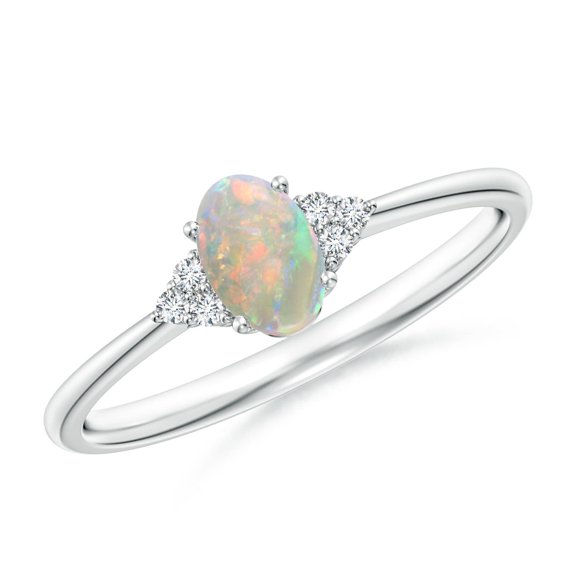 Angara Natural Opal Ring - Tapered Shank Oval Opal Ring with Trio Diamond Accent in Platinum for Women | October Birthstone Jewelry (Ring Size = 3)
