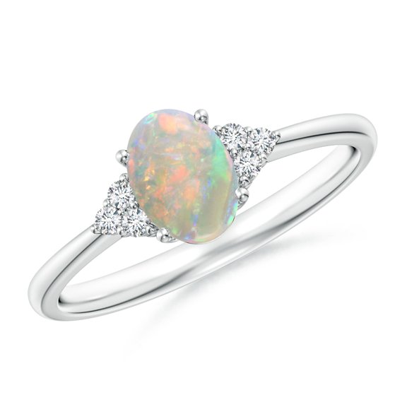 Angara Natural Opal Ring - Tapered Shank Oval Opal Ring with Trio Diamond Accent in Platinum for Women | October Birthstone Jewelry (Ring Size = 9)