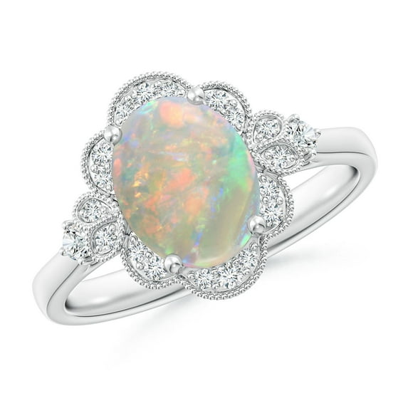 Angara Natural Opal Ring - Victorian Style Oval 1.1 ct Opal and Diamond Halo Engagement Ring for Women | October Birthstone Jewelry | 14K White Gold Opal Ring (Ring Size = 14)