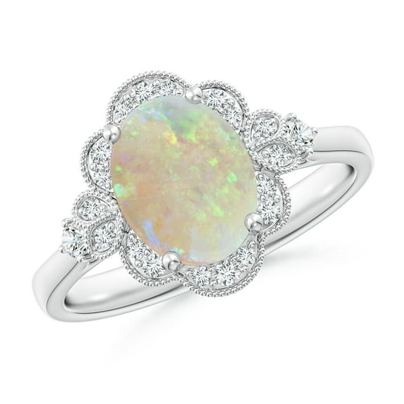 Angara Natural Opal Ring - Victorian Style Oval 1.1 ct Opal and Diamond Halo Engagement Ring for Women | October Birthstone Jewelry | 14K White Gold Opal Ring (Ring Size = 8)