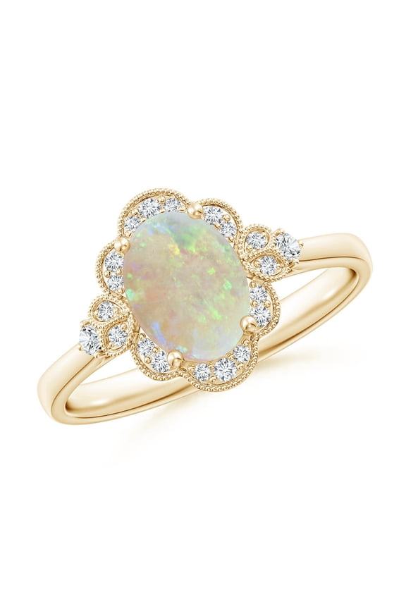 Natural Opal Ring - Victorian Style Oval Opal and Diamond Halo Engagement Ring for Women | October Birthstone Jewelry | 14K Yellow Gold Opal Ring (Ring Size = 3)