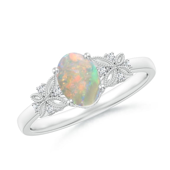 Angara Natural Opal Ring - Vintage Style Oval Opal Ring with Diamonds for Women | October Birthstone Jewelry | 14K White Gold Opal Ring (Ring Size = 14)