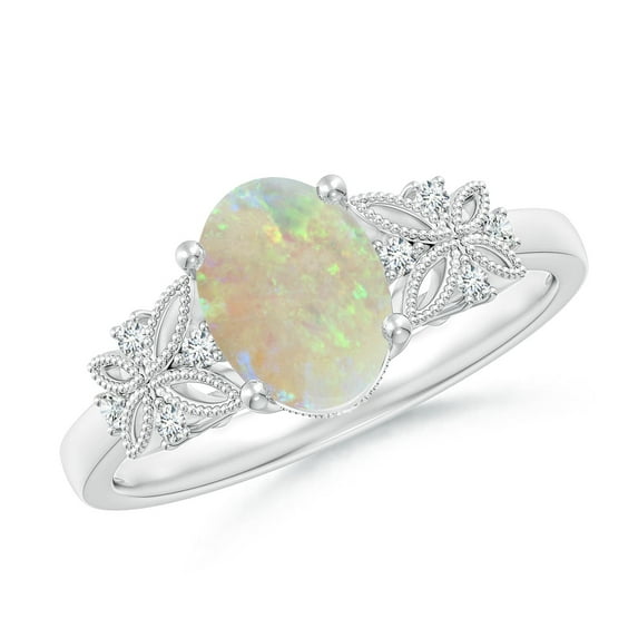 Angara Natural Opal Ring - Vintage Style Oval Opal Ring with Diamonds for Women | October Birthstone Jewelry | 14K White Gold Opal Ring (Ring Size = 4.5)