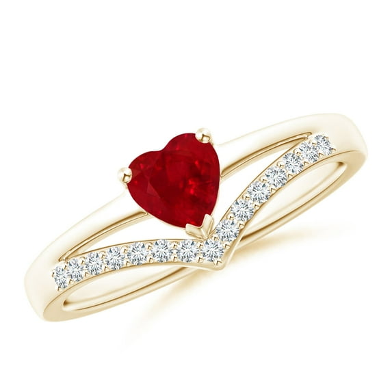 Angara Natural Ruby Heart Ring with Diamond for Women in 14K Yellow Gold (Size-5mm) – July Birthstone Jewelry | Solitaire Ruby Ring (Ring Size - 6)
