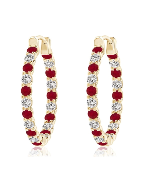 Natural Ruby Hoop Earrings for Women in 14K Yellow Gold – July Birthstone Jewelry | Prong-Set Round Ruby Hoop Earrings