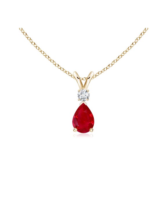Natural Ruby Necklace for Women - Prong-Set Ruby Teardrop V-Bale Pendant with Diamond in 14K Yellow Gold