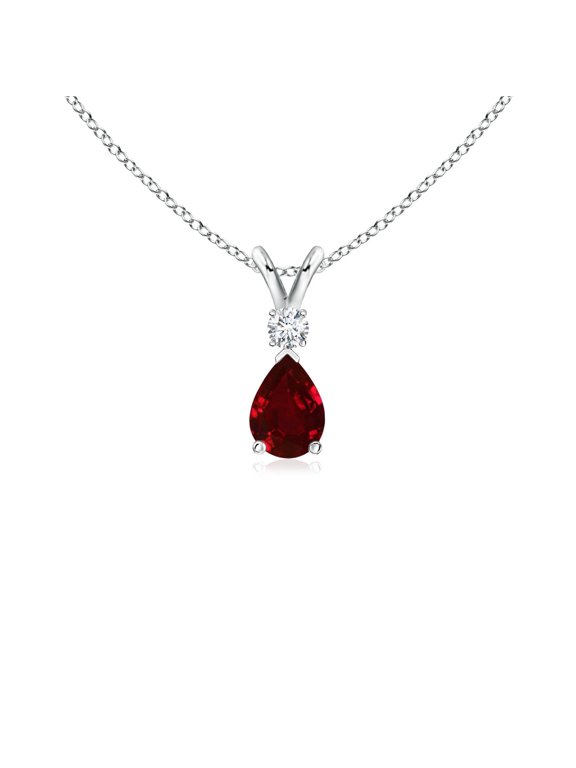Natural Ruby Necklace for Women - Prong-Set Ruby Teardrop V-Bale Pendant with Diamond in Sterling Silver