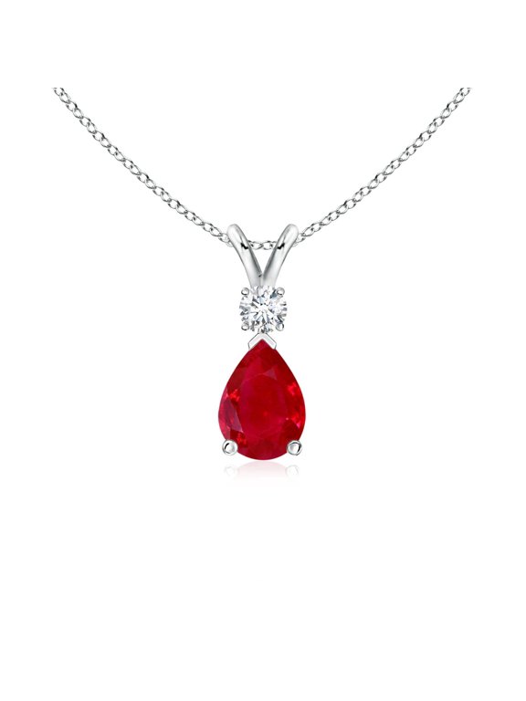 Natural Ruby Necklace for Women - Prong-Set Ruby Teardrop V-Bale Pendant with Diamond in Sterling Silver