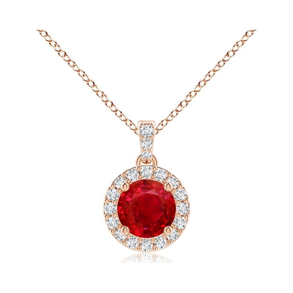 Angara Natural Ruby Pendant Necklace with Diamond Halo in 14K Rose Gold for Women (Size-4mm) – July Birthstone Jewelry | Round Ruby Halo Pendant