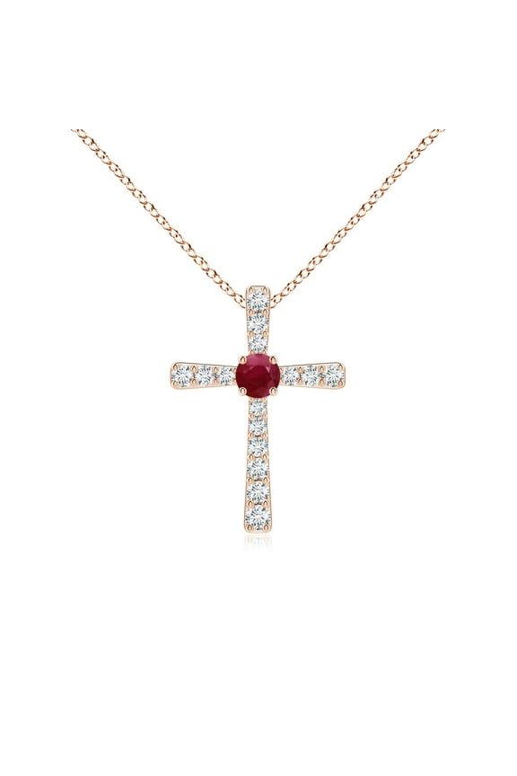 Natural Ruby and Diamond Cross Pendant Necklace in 14K Rose Gold for Women (Size-3mm) – July Birthstone Jewelry | Round Ruby Cross Necklace