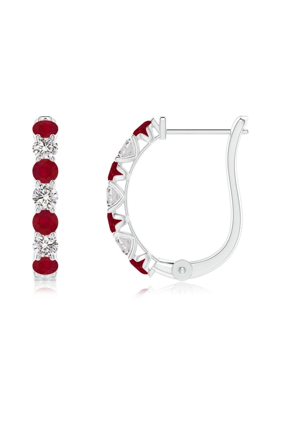 Natural Ruby and Diamond Huggie Hoop Earrings for Women in 14K White Gold – July Birthstone Jewelry | Prong-Set Ruby Hoop Earrings