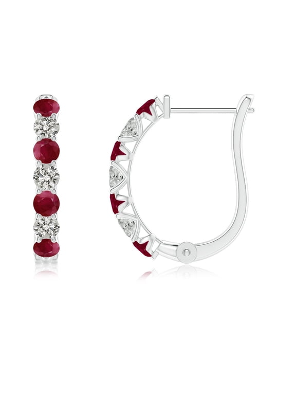 Natural Ruby and Diamond Huggie Hoop Earrings for Women in 14K White Gold – July Birthstone Jewelry | Prong-Set Ruby Hoop Earrings