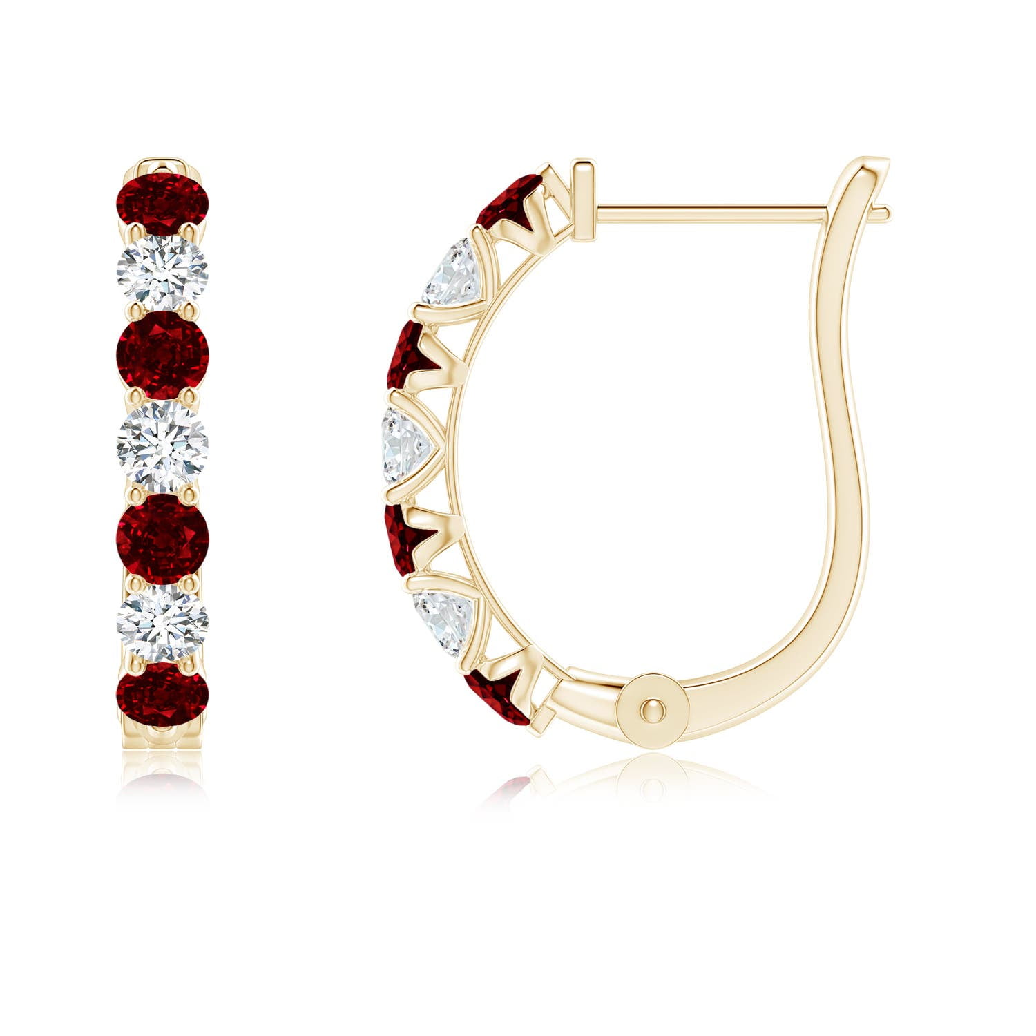 Angara Natural Ruby and Diamond Huggie Hoop Earrings for Women in 14K Yellow Gold – July Birthstone Jewelry | Prong-Set Ruby Hoop Earrings