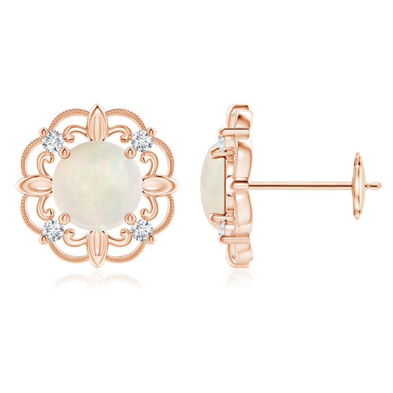 Angara Natural Vintage Style 1 ct Opal and Diamond Fleur De Lis Earrings in 14K Rose Gold for Women (Size-6mm) | October Birthstone Jewelry for Her