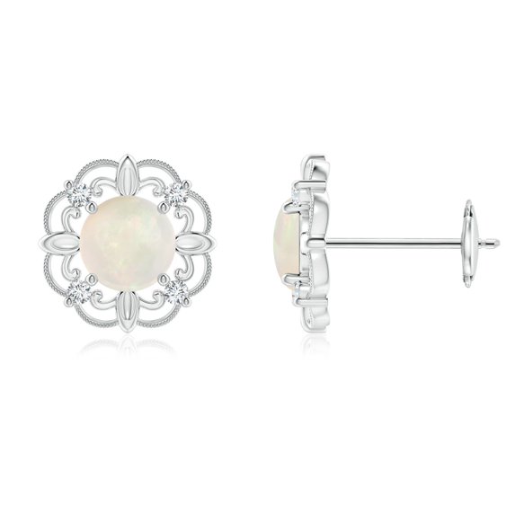 Angara Natural Vintage Style Opal and Diamond Fleur De Lis Earrings in 14K White Gold for Women (Size-5mm) | October Birthstone Jewelry for Her