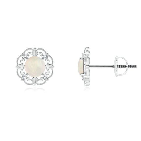 Angara Natural Vintage Style Opal and Diamond Fleur De Lis Earrings in Platinum for Women (Size-4mm) | October Birthstone Jewelry for Her