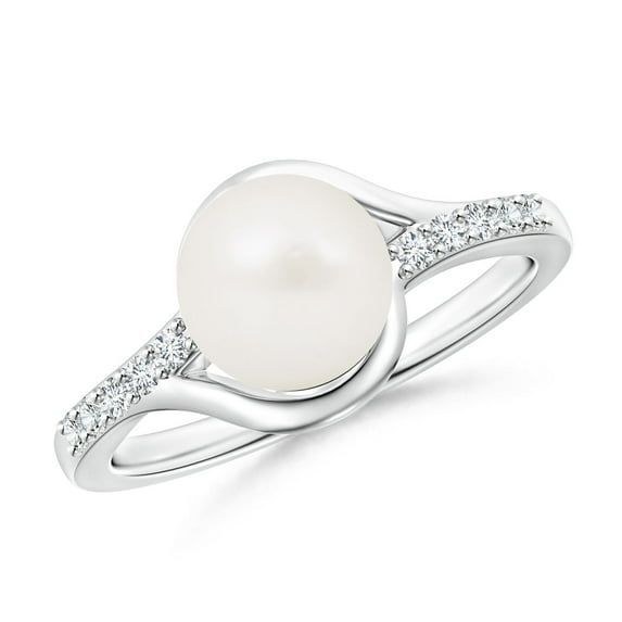 Angara Solitaire Freshwater Cultured Pearl Bypass Ring with Diamonds in 14K White Gold for Women | June Birthstone Jewelry for Her