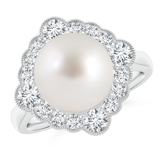 Angara South Sea Cultured Pearl Cushion Halo Engagement Ring in 14K White Gold for Women | June Birthstone Jewelry for Her
