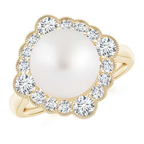 ANGARA South Sea Cultured Pearl Cushion Halo Engagement Ring in 14K Yellow Gold for Women | June Birthstone, Birthday, Anniversary, Jewelry Gift for Women | Pearl Ring